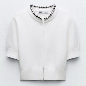 Zara White Cardigan with Silver Beaded Neckline